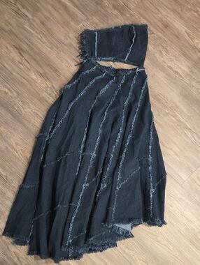 Asymmetrical Denim Fringe-Panel 2 Piece